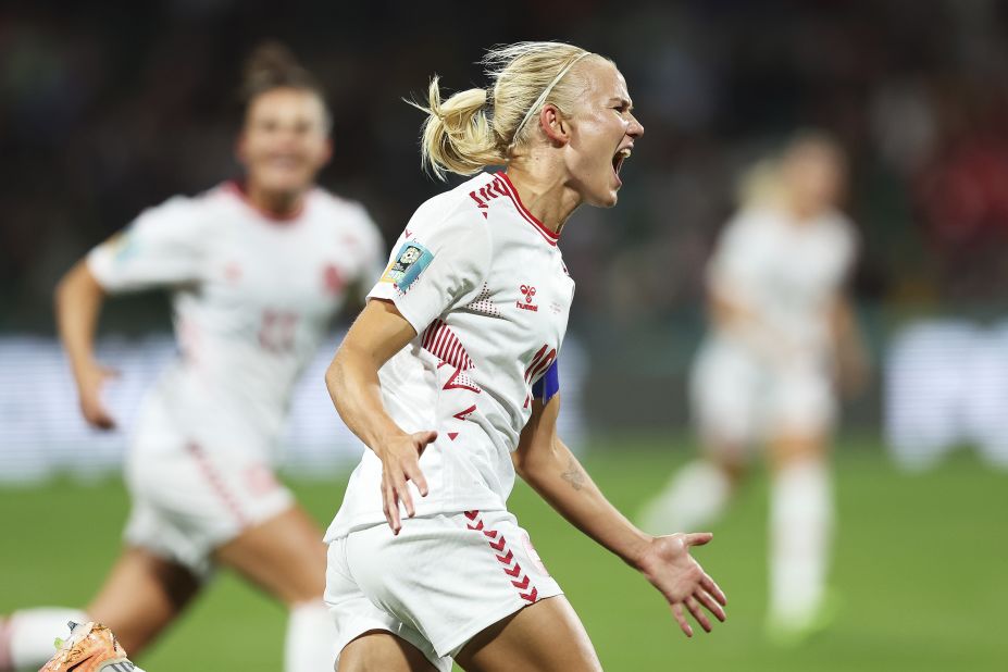 Pernille Harder celebrates after scoring the first goal of Denmark's 2-0 victory over Haiti on August 1. <a href=