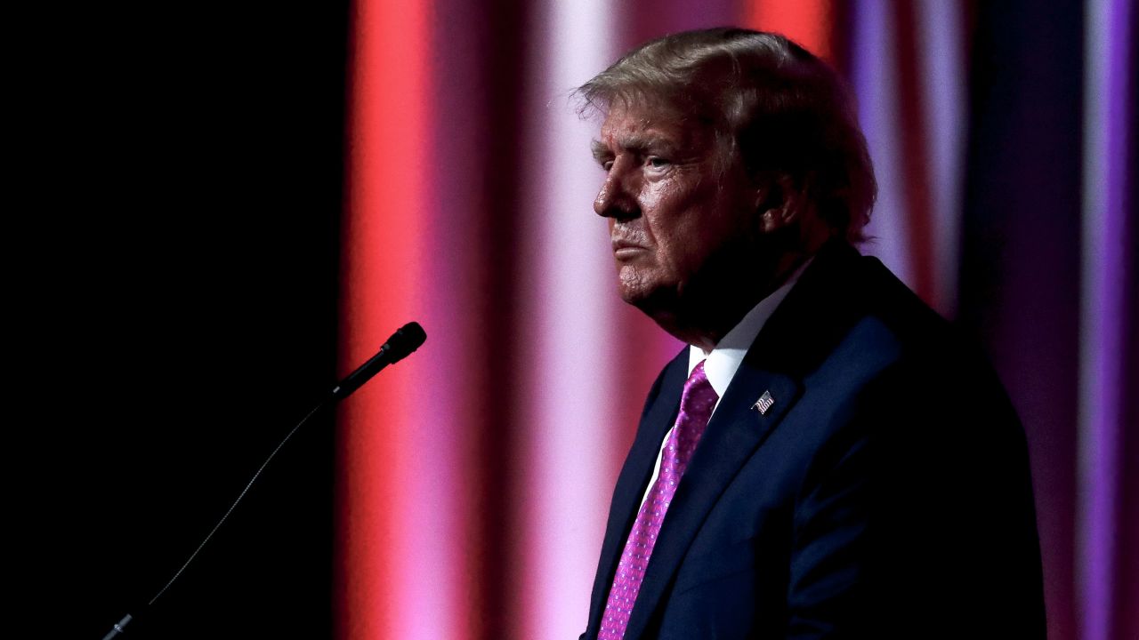 Former President Donald Trump addresses the Oakland County Republican Party during a Lincoln Day Dinner at Suburban Collection Showplace in Novi, MI on June 25, 2023.