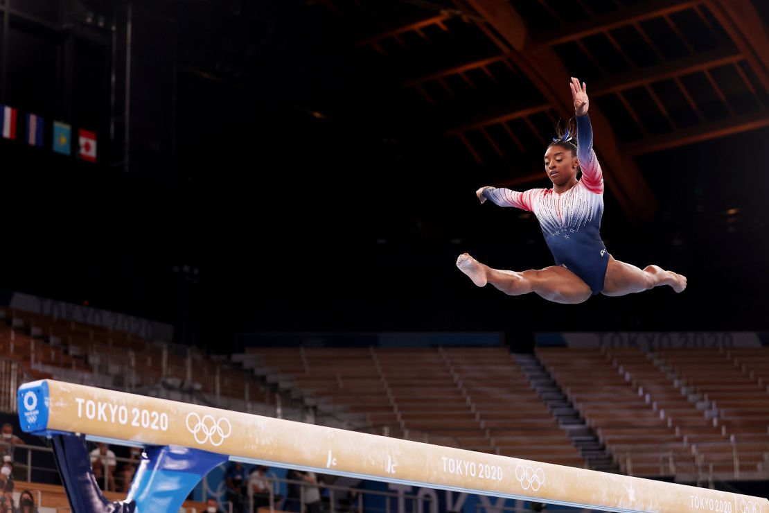 TOKYO, JAPAN - AUGUST 03: Simone Biles of Team United States competes in the Women's Balance Beam Final on day eleven of the Tokyo 2020 Olympic Games at Ariake Gymnastics Centre on August 03, 2021 in Tokyo, Japan. (Photo by Jamie Squire/Getty Images)