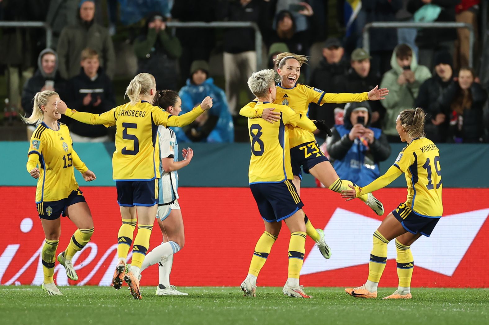 Sweden's Elin Rubensson celebrates after scoring from the penalty spot against Argentina on August 2. <a href="index.php?page=&url=https%3A%2F%2Fwww.cnn.com%2F2023%2F08%2F02%2Ffootball%2Fsweden-south-africa-italy-womens-world-cup-2023-spt-intl%2Findex.html" target="_blank">Sweden won 2-0</a>.