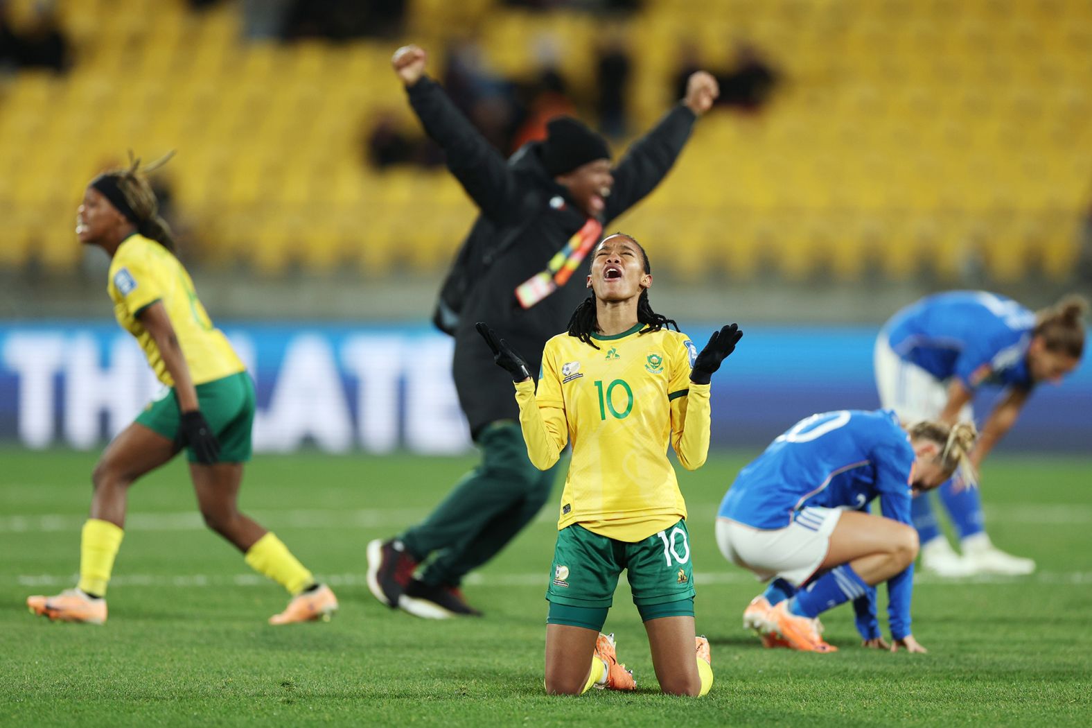 South Africa's Linda Motlhalo celebrates her team's <a href="index.php?page=&url=https%3A%2F%2Fwww.cnn.com%2F2023%2F08%2F02%2Ffootball%2Fsweden-south-africa-italy-womens-world-cup-2023-spt-intl%2Findex.html" target="_blank">3-2 win over Italy</a> on August 2. It was South Africa's first-ever win at a Women's World Cup, and it helped them clinch a spot in the next round. Italy was eliminated with the loss.