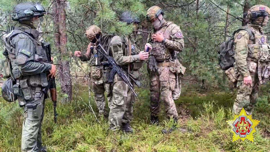 Belarusian soldiers and Wagner troops attend joint training exercises near the border city of Brest, in Belarus on July 20, 2023 amid increased border tensions between Warsaw and Minsk.