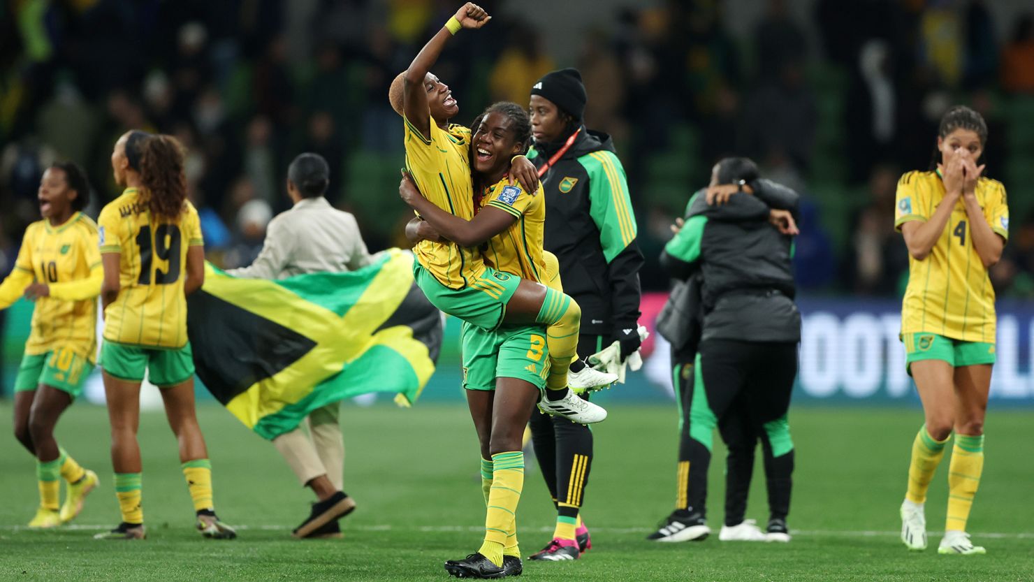 MELBOURNE, AUSTRALIA - AUGUST 02: Jamaica players celebrate advancing to the knockout stage after the scoreless draw in the FIFA Women's World Cup Australia & New Zealand 2023 Group F match between Jamaica and Brazil at Melbourne Rectangular Stadium on August 02, 2023 in Melbourne, Australia. (Photo by Robert Cianflone/Getty Images)