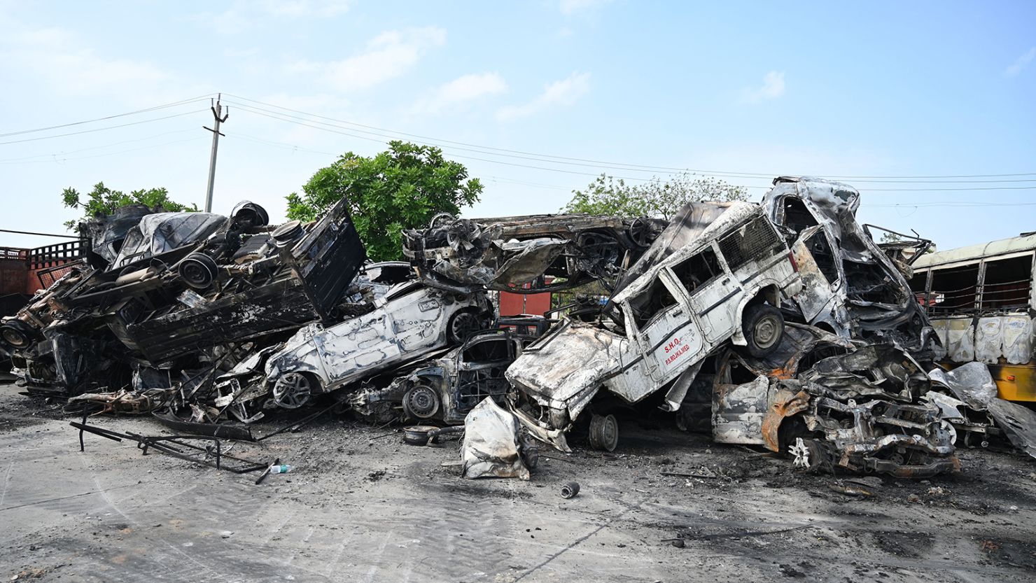Vehicles damaged in Nuh, India, following communal violence on August 1, 2023. 