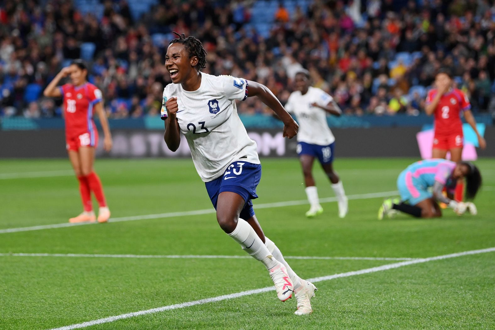 France's Vicki Becho celebrates after scoring her team's sixth goal against Panama on August 2. France won 6-3 to advance to the knockout stage. 