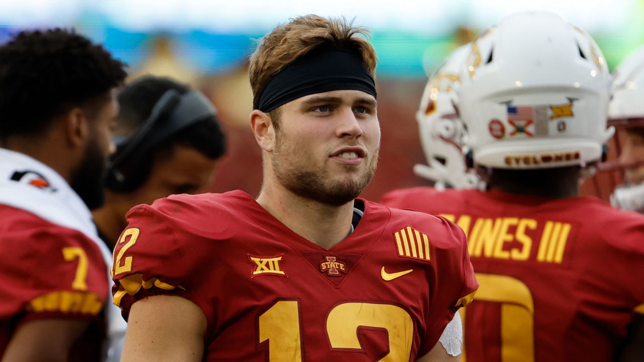 Quarterback Hunter Dekkers of the Iowa State Cyclones on the sidelines during a timeout in the second half of play at Jack Trice Stadium on September 17, 2022 in Ames, Iowa. The Iowa State Cyclones won 43-10 over the Ohio Bobcats. (Photo by David K Purdy/Getty Images)