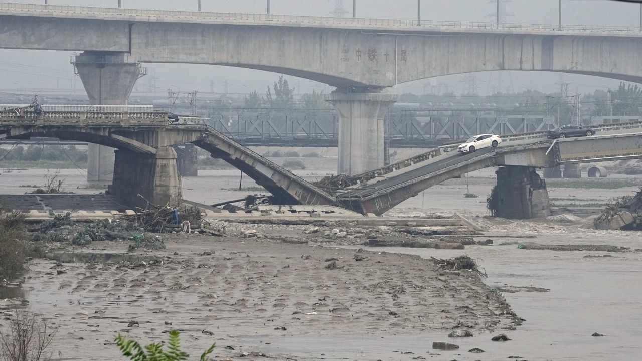A collapsed bridge in the wake of recent torrential rain in Beijing, China on August 2, 2023, 