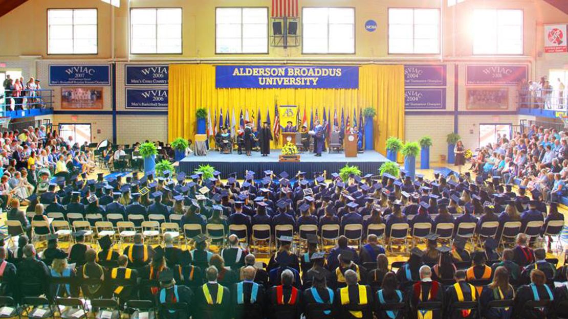 A graduation ceremony takes place at Alderson Broaddus University in Philippi, West Virginia. The school was founded as Alderson-Broaddus College in 1932.