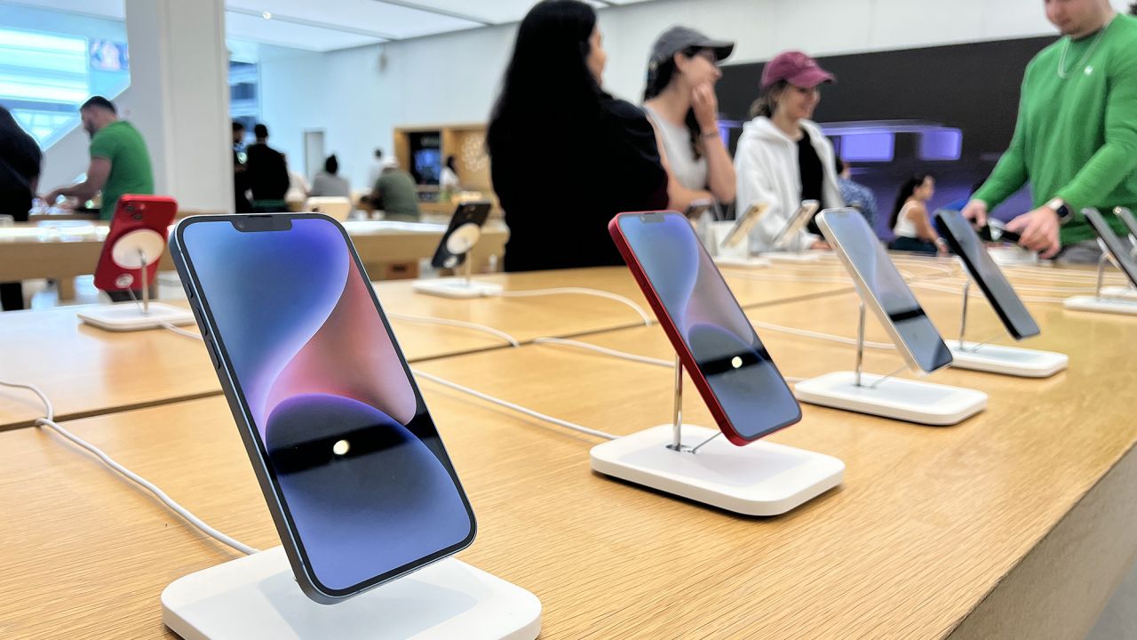 Apple phones on display in an Apple store on May 04, 2023 in Miami, Florida. 