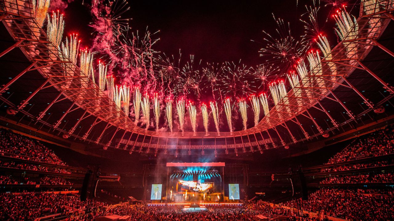 LONDON, ENGLAND - JULY 29: General view of the fireworks during Wizkid's performs at Tottenham Hotspur Stadium on July 29, 2023 in London, England. (Photo by Joseph Okpako/WireImage)