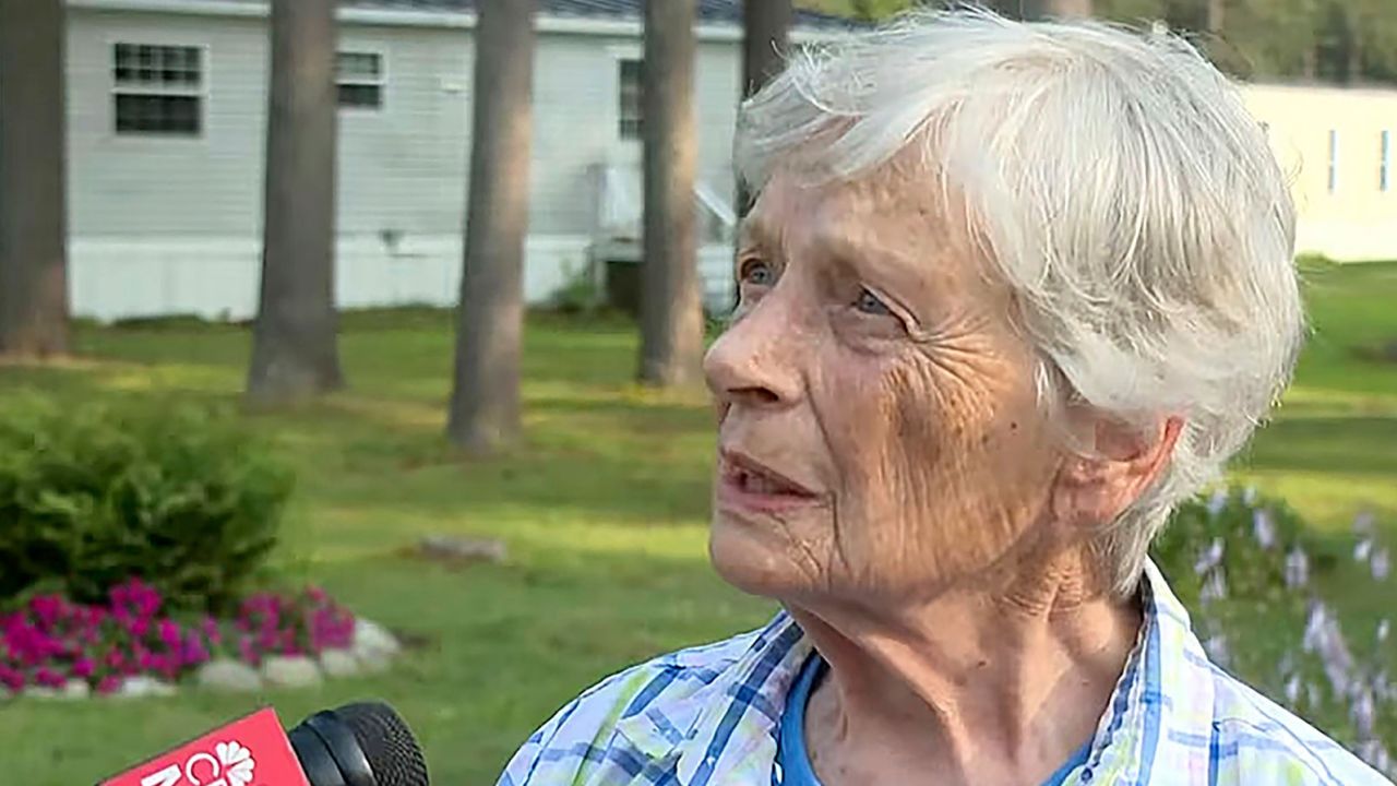 Marjorie Perkins speaks to a reporter on August 2, 2023, at her home in Brunswick, Maine.