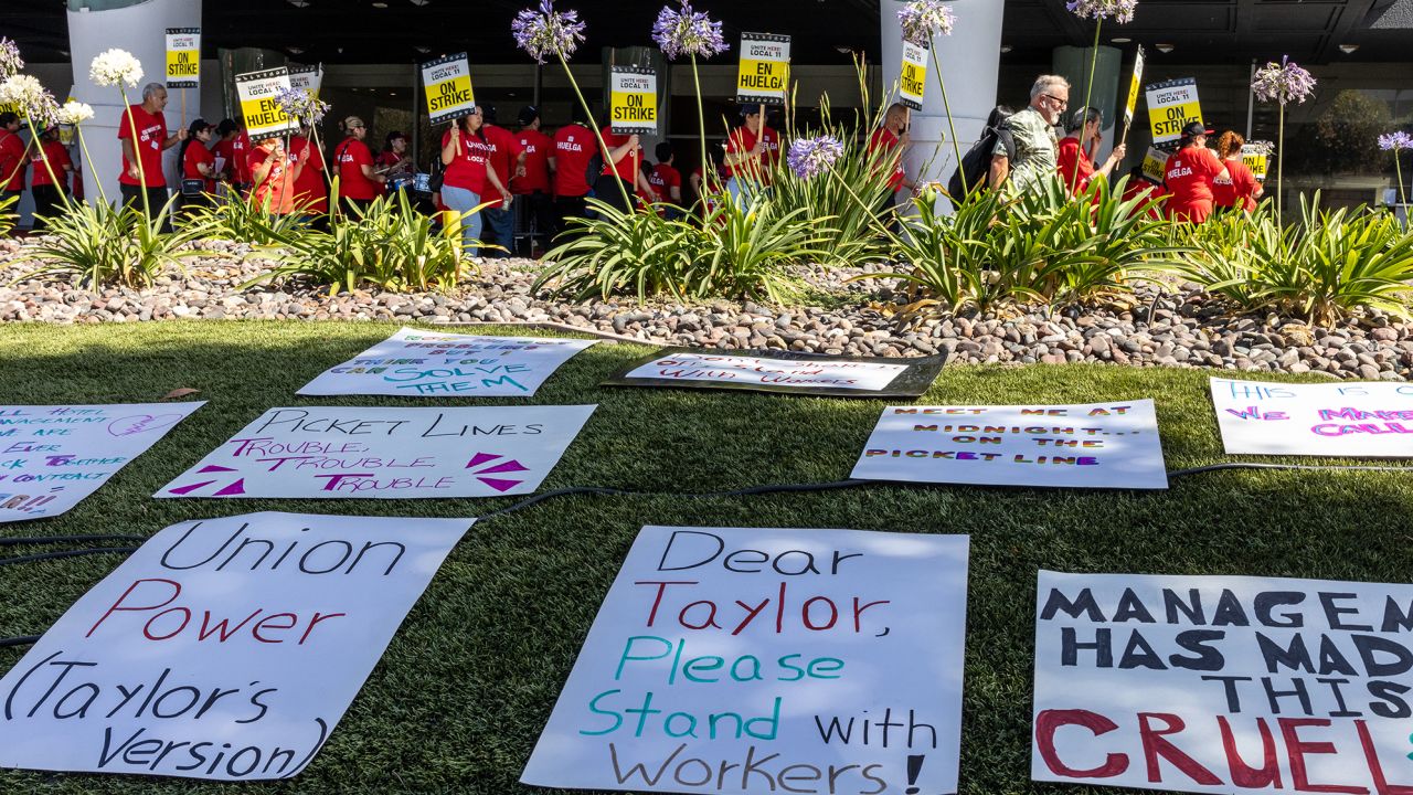Striking hotel housekeepers calling on Taylor Swift to support their fight for a wage that enables them to afford to live, rally on Thursday, July 27, 2023 at Hyatt Regency LAX in Los Angeles, CA.