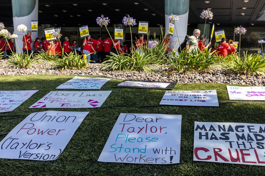 Striking hotel housekeepers calling on Taylor Swift to support their fight for a wage that enables them to afford to live, rally on Thursday, July 27, 2023 at Hyatt Regency LAX in Los Angeles, CA.