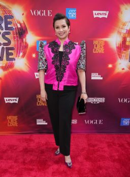 Lea Salonga attends the opening night for "Here Lies Love" at Broadway Theatre on July 20 in New York, wearing a hot pink bomber jacket with lace detailing and floral sleeves.