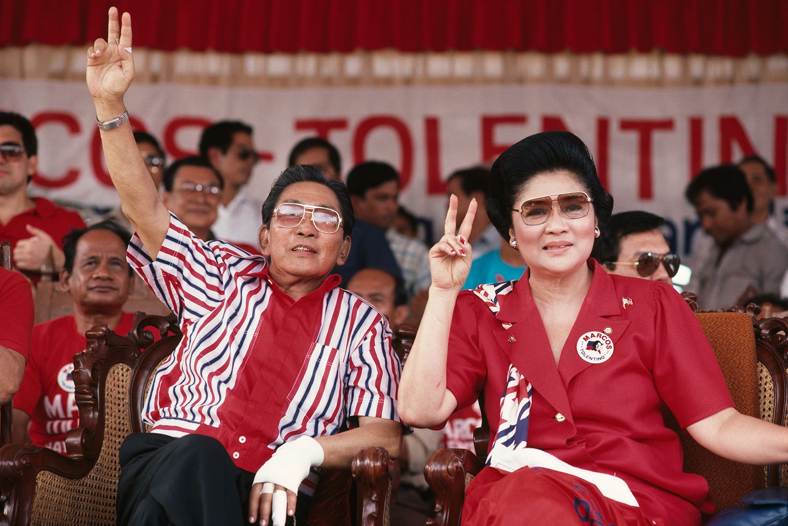 Filipino President Ferdinand Marcos and his wife Imelda pictured during a campaign event in Mindoro in 1986.