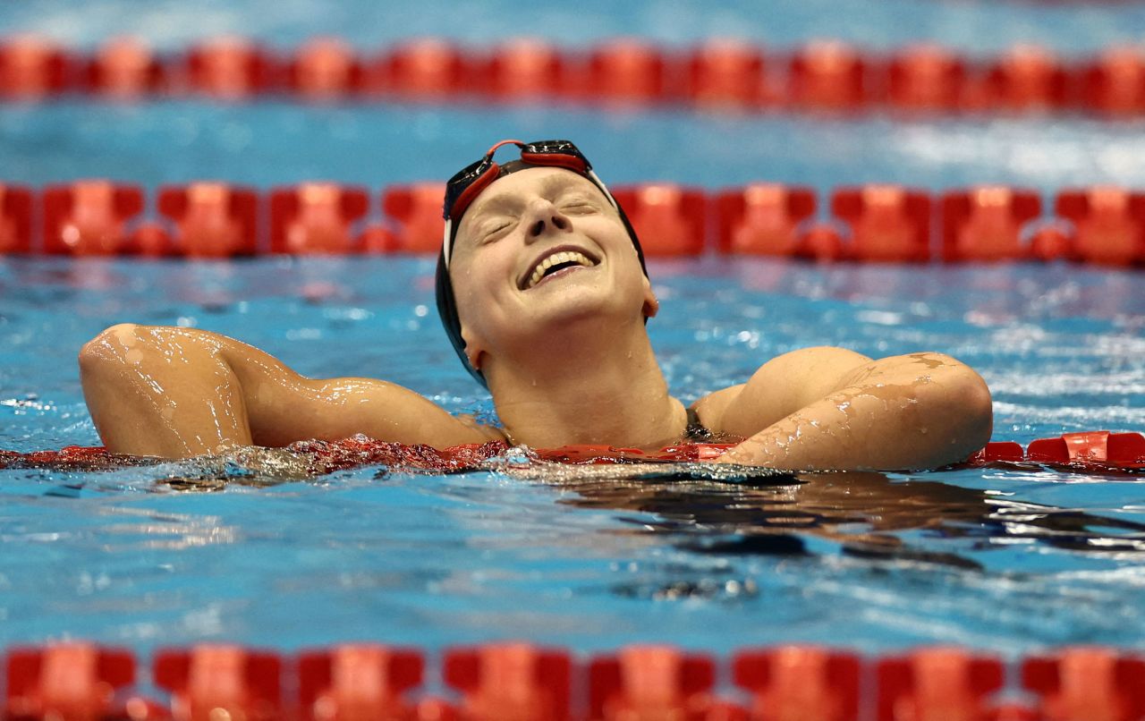 US swimmer Katie Ledecky celebrates after <a href="https://www.cnn.com/2023/07/29/sport/katie-ledecky-michael-phelps-record-spt-intl/index.html" target="_blank">winning the women's 800-meter freestyle final</a> at the Fukuoka World Aquatics Championships in Fukuoka, Japan, on Saturday, July 29. Ledecky earned her 16th gold medal and surpassed Michael Phelps for most career individual world swimming titles.