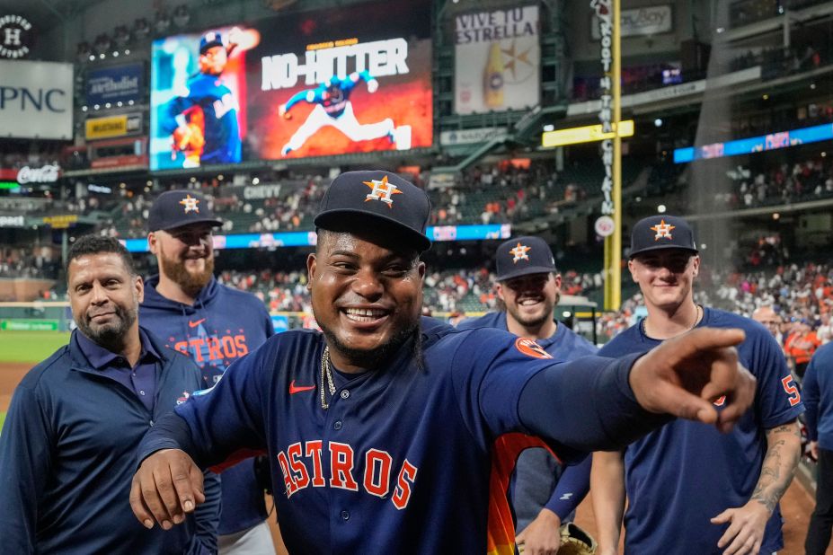 Houston Astros starting pitcher Framber Valdez celebrates after pitching a no-hitter against the Cleveland Guardians in Houston on Tuesday, August 1. The Astros won 2-0.