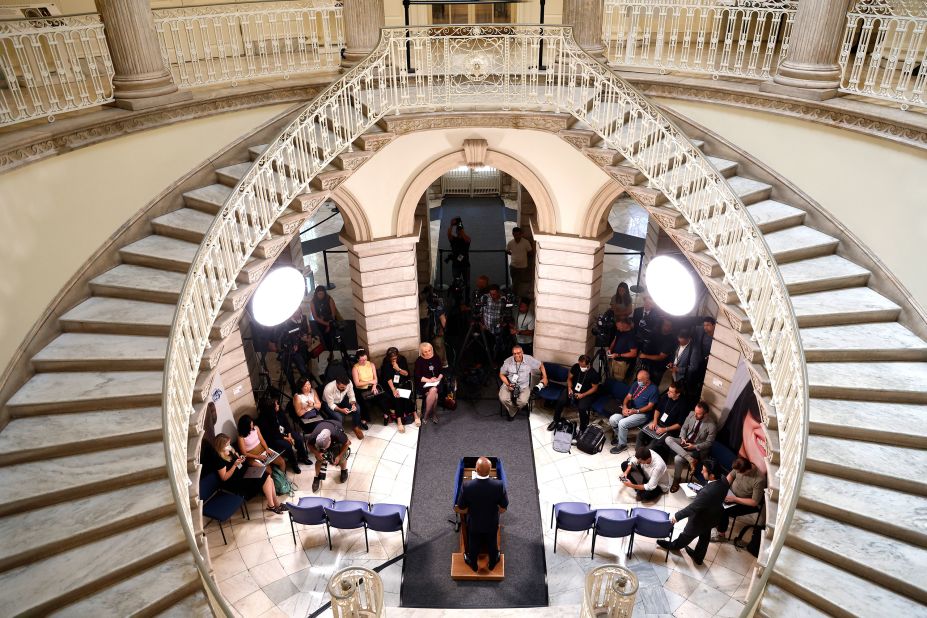 New York City Mayor Eric Adams announces a new $485 million NYC Gun Violence Prevention Task Force blueprint at a news conference in New York on Monday, July 31.