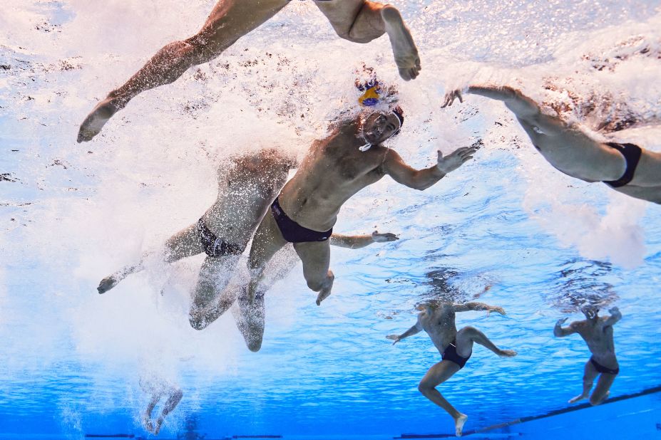 US water polo player Ben Hallock competes for the ball in a match against Montenegro at the Fukuoka World Aquatics Championships in Fukuoka, Japan, on Saturday, July 29.