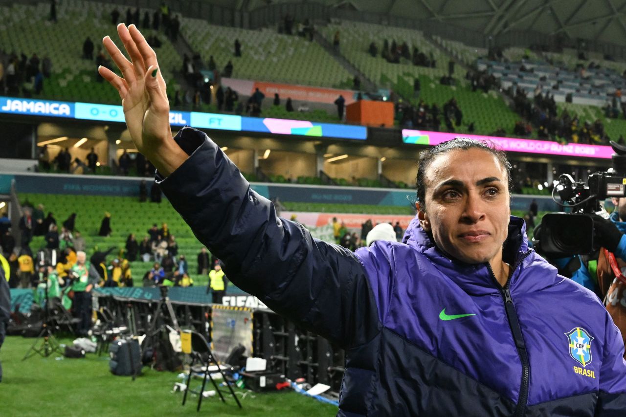 Brazilian forward <a href="https://www.cnn.com/2023/08/01/sport/marta-brazil-womens-world-cup-spt-intl/index.html" target="_blank">Marta</a> waves to the crowd after <a href="https://www.cnn.com/2023/08/01/football/brazil-jamaica-france-panama-womens-world-cup-spt-intl/index.html" target="_blank">Brazil's draw with Jamaica</a> in the Women's World Cup in Melbourne on Wednesday, August 2. This was the last World Cup for Marta, the tournament's record scorer and veteran of six tournaments. 