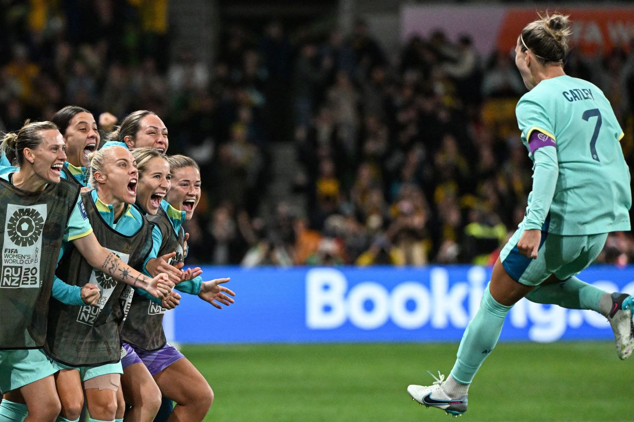 Australian defender Stephanie Catley celebrates with teammates after scoring a goal during her team's <a href="https://www.cnn.com/2023/07/31/football/australia-canada-womens-world-cup-spt-intl/index.html" target="_blank">4-0 victory over Canada</a> at the Women's World Cup in Melbourne on Monday, July 31.