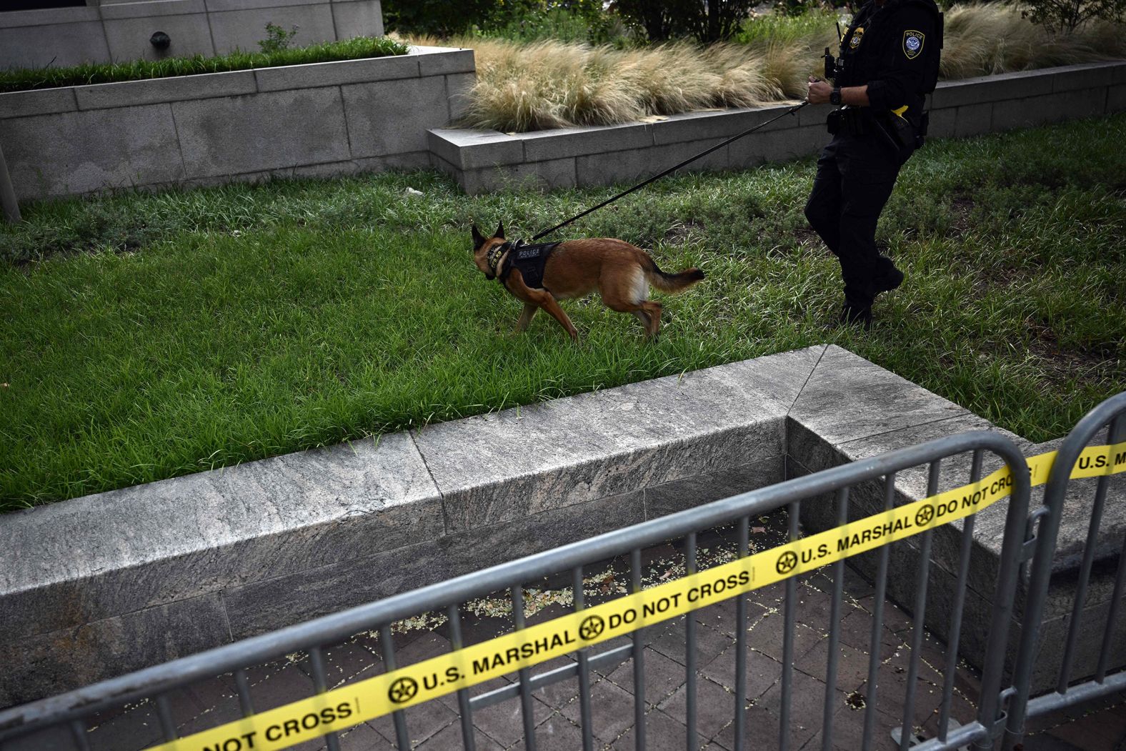 A US Marshal's K-9 patrols outside the courthouse.