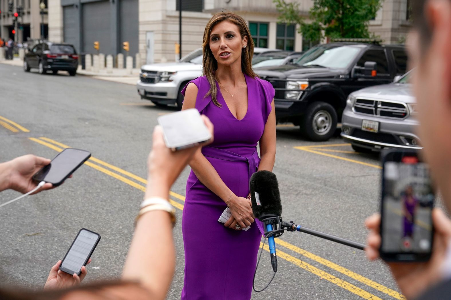 Alina Habba, one of Trump's lawyers, speaks to the media outside the courthouse.