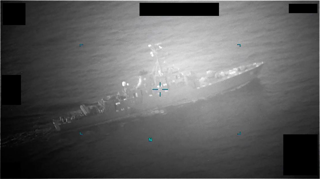 Screenshot of video captured of M/T Richmond Voyager being approached by an Iranian naval vessel during an attempt to unlawfully seize the commercial tanker in the Gulf of Oman, July 5, 2023. Following an uptick in Iranian aggression, the US is considering putting troops on commercial vessels in critical Middle East waterways to prevent Iranian seizures, an official familiar with the plans told CNN. 
