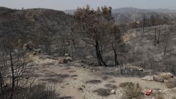 A fire extinguisher is seen next to charred trees, following a wildfire at the village of Kiotari, on the island of Rhodes, Greece, July 27, 2023. REUTERS/Nicolas Economou