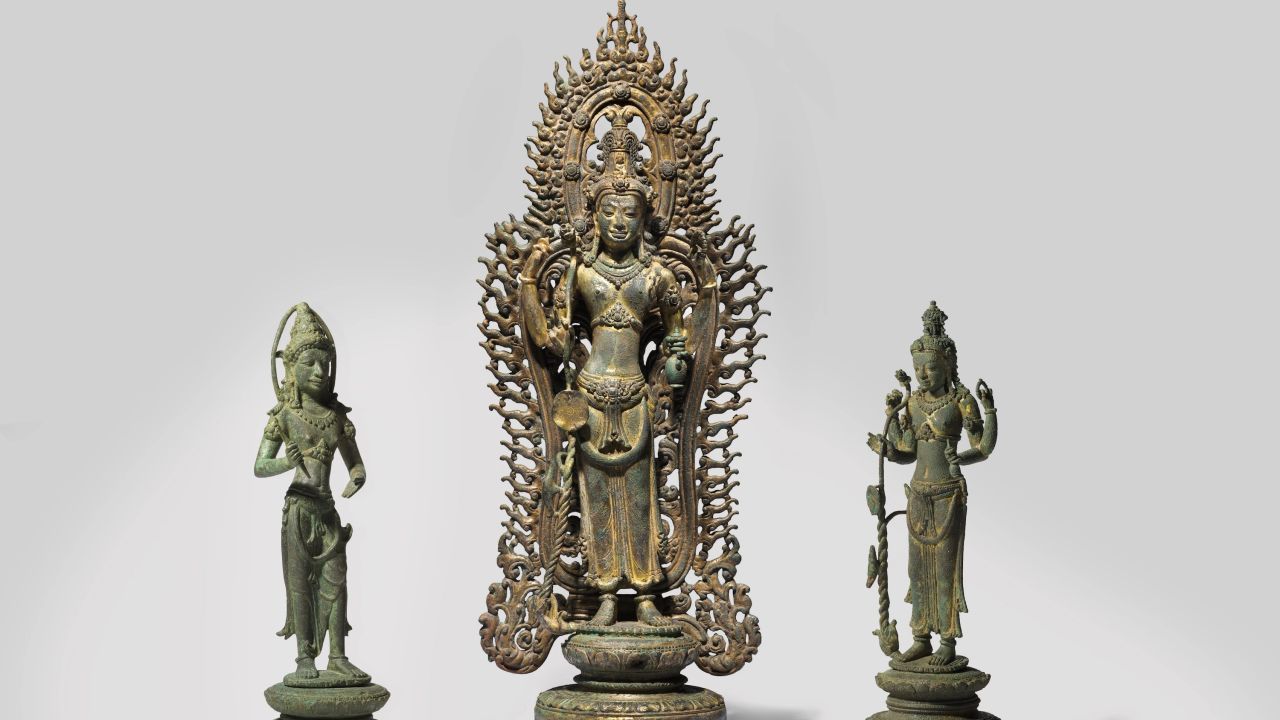 Cham people, Bodhisattva Avalokiteshvara Padmapani and attendants, 9th----10th century, National Gallery of Australia, Kamberri/Canberra, Acquired 2011, Deaccessioned 2021, On loan from the Kingdom of Cambodia, 2023--2026