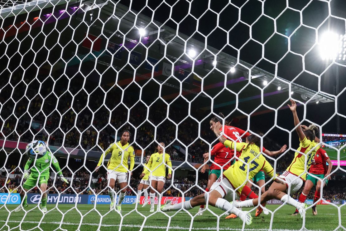 Morocco's midfielder #16 Anissa Lahmari scores her team's first goal during the Australia and New Zealand 2023 Women's World Cup Group H football match between Morocco and Colombia at Perth Rectangular Stadium in Perth on August 3, 2023. (Photo by Colin MURTY / AFP) (Photo by COLIN MURTY/AFP via Getty Images)