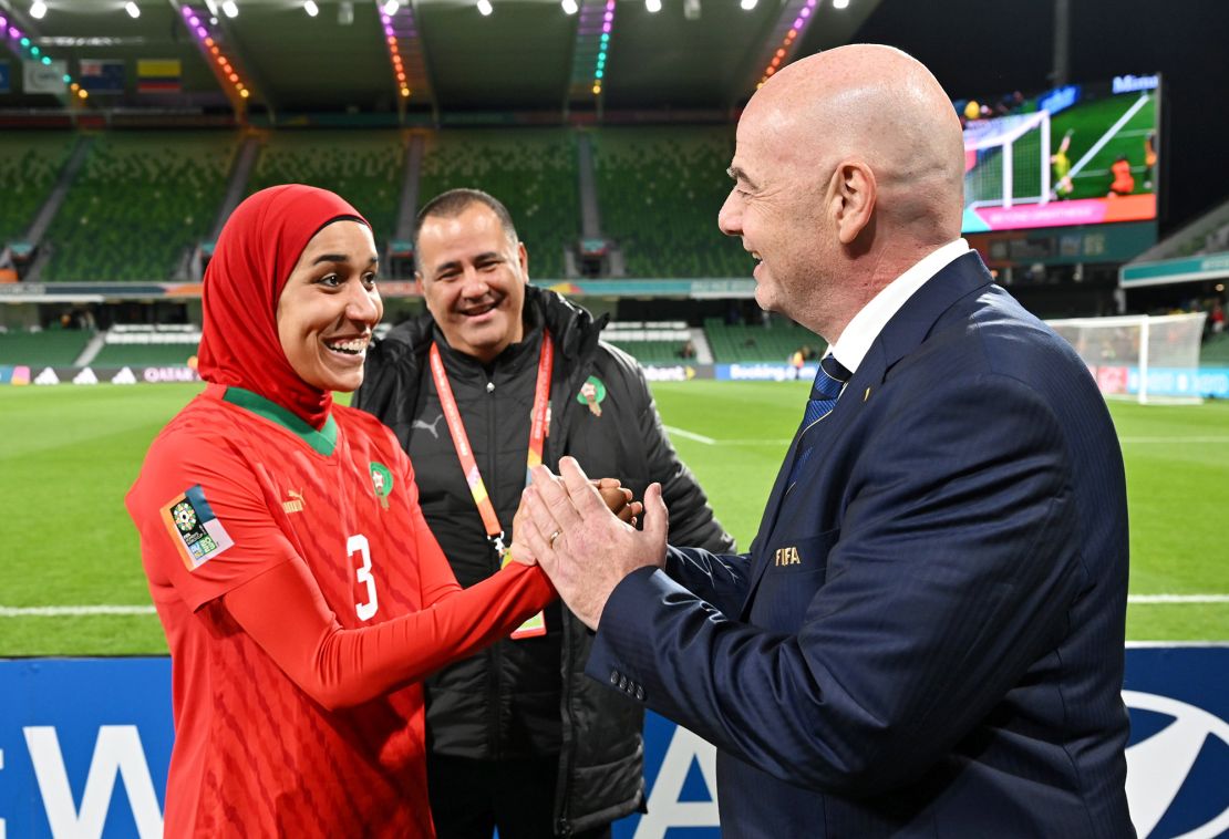 PERTH, AUSTRALIA - AUGUST 03: FIFA President Gianni Infantino with Nouhaila Benzina of Morocco (L) during the FIFA Women's World Cup Australia & New Zealand 2023 Group H match between Morocco and Colombia at Perth Rectangular Stadium on August 03, 2023 in Perth / Boorloo, Australia. (Photo by Harold Cunningham - FIFA/FIFA via Getty Images)