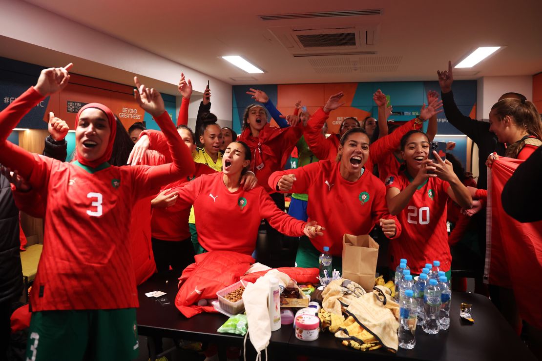 PERTH, AUSTRALIA - AUGUST 03: Nouhaila Benzina and Morocco players celebrate advancing to the knock out stage after the 1-0 victory in the dressing room following the FIFA Women's World Cup Australia & New Zealand 2023 Group H match between Morocco and Colombia at Perth Rectangular Stadium on August 03, 2023 in Perth, Australia. (Photo by Alex Grimm - FIFA/FIFA via Getty Images)