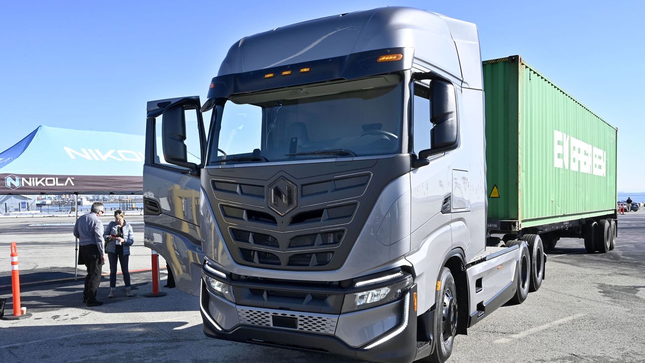 The first two zero-emissions electric trucks, from an order of 100 vehicles, delivered from the Nikola Corporation to Total Transportation  Services at the Port of Los Angeles in San Pedro on Friday, December 17, 2021.