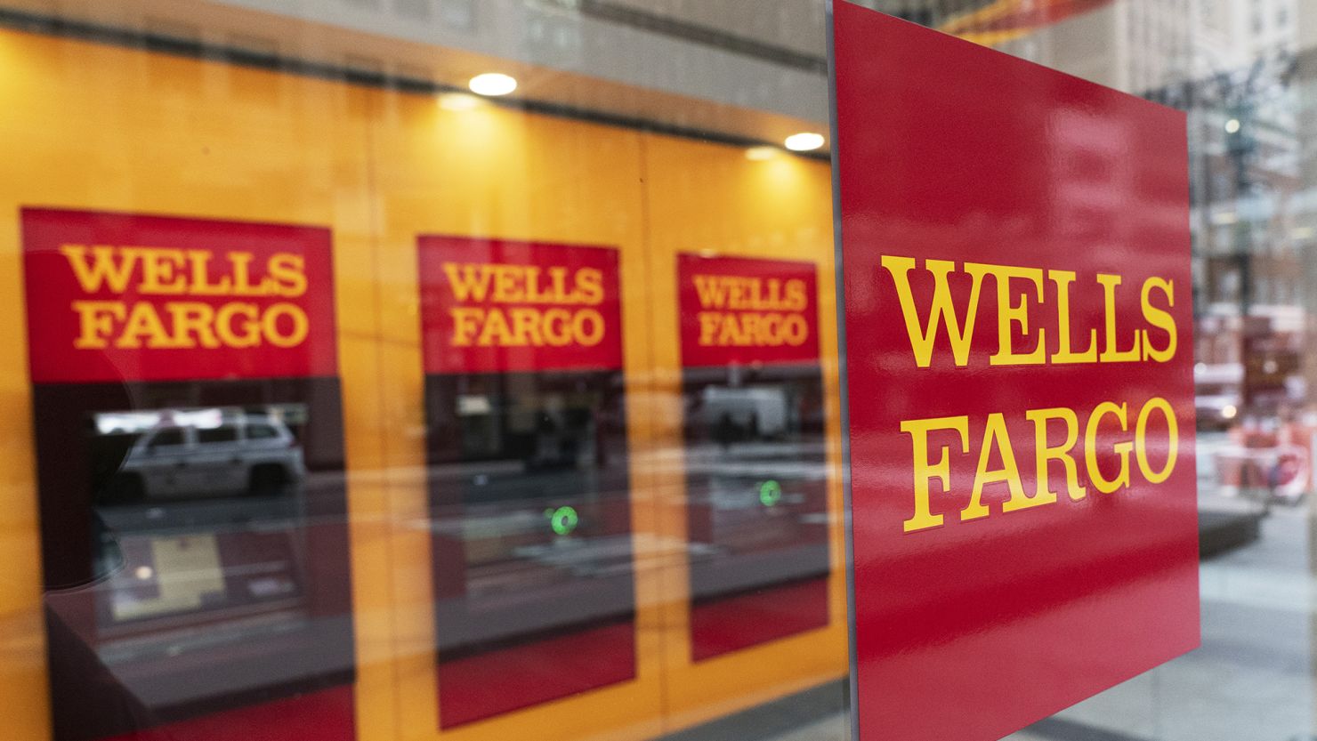 A Wells Fargo office in New York, displays its logos at its ATM, Jan. 13, 2021. 