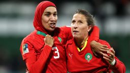 PERTH, AUSTRALIA - AUGUST 03: Nouhaila Benzina and Najat Badri of Morocco celebrate advancing to the knock out stage after the 1-0 victory in the FIFA Women's World Cup Australia & New Zealand 2023 Group H match between Morocco and Colombia at Perth Rectangular Stadium on August 03, 2023 in Perth, Australia. (Photo by Paul Kane/Getty Images)