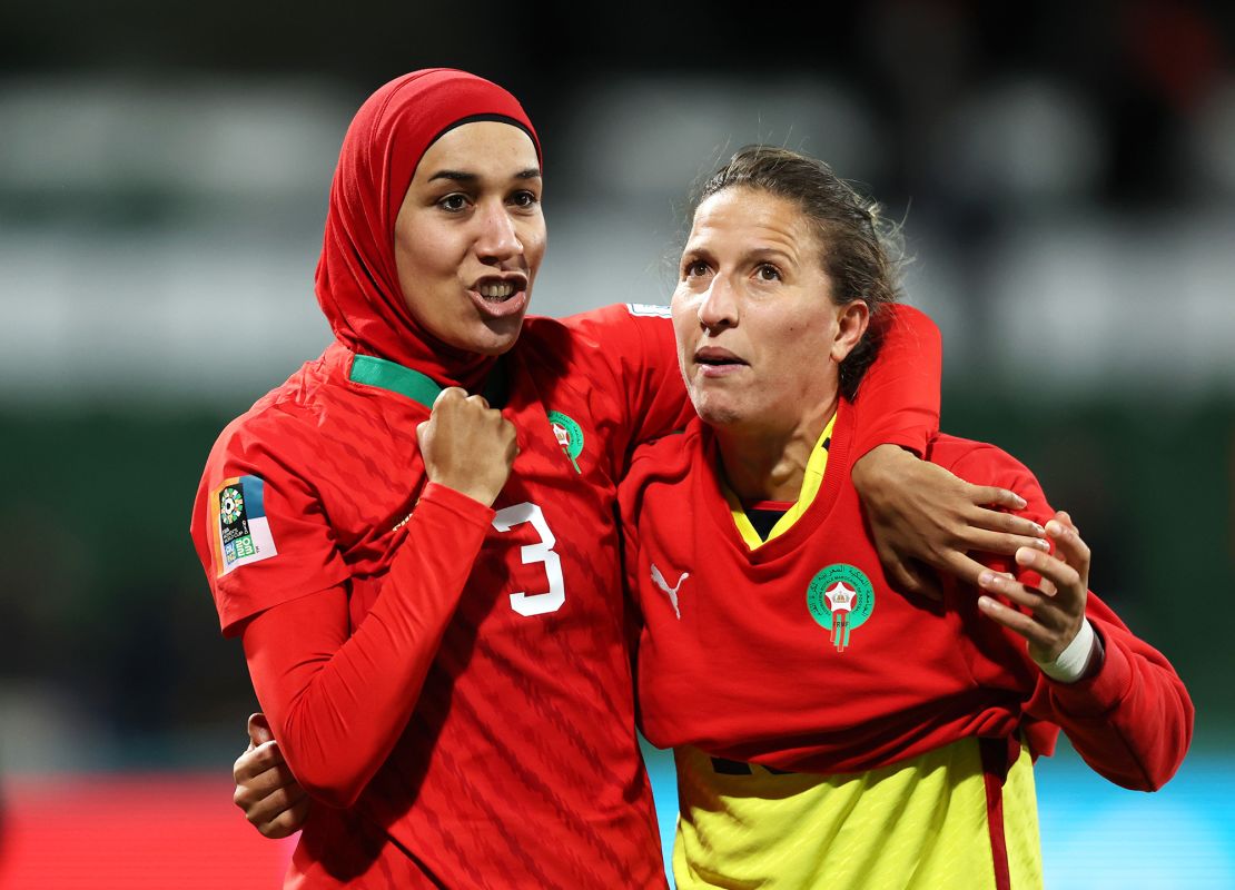 PERTH, AUSTRALIA - AUGUST 03: Nouhaila Benzina and Najat Badri of Morocco celebrate advancing to the knock out stage after the 1-0 victory in the FIFA Women's World Cup Australia & New Zealand 2023 Group H match between Morocco and Colombia at Perth Rectangular Stadium on August 03, 2023 in Perth, Australia. (Photo by Paul Kane/Getty Images)