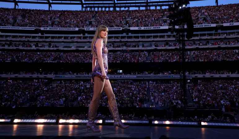 Taylor Swift looks at the crowd at a concert in East Rutherford, New Jersey, in May 2023. 