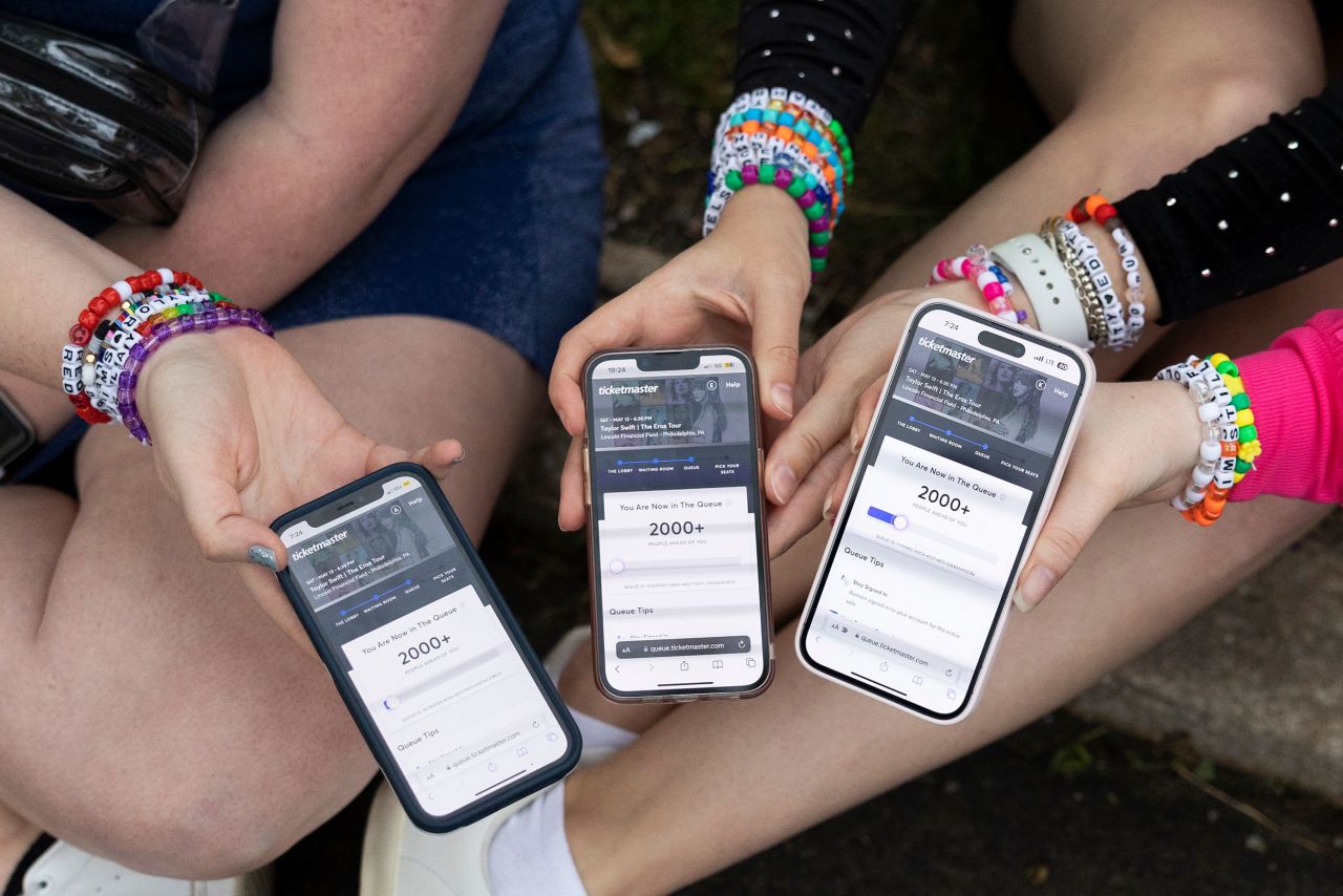 Fans show the Ticketmaster queue from the parking lot outside Swift's show in Philadelphia on May 13. <a href="https://www.cnn.com/2022/11/19/media/ticketmaster-apology-taylor-swift-tickets/index.html" target="_blank">Ticketmaster apologized</a> to Swift and her fans after a ticketing debacle in November made it difficult to buy tickets when they went on sale.