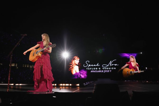 Swift announces the release of "Speak Now (Taylor's Version)," a rerecording of her 2010 album, during her show in Nashville in May 2023.