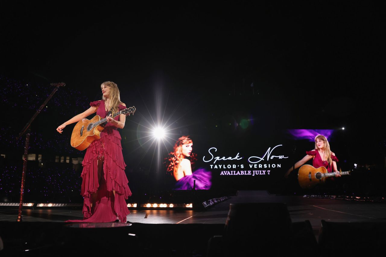 Swift announces the release of "Speak Now (Taylor's Version)," a rerecording of her 2010 album, during her show in Nashville on May 5.
