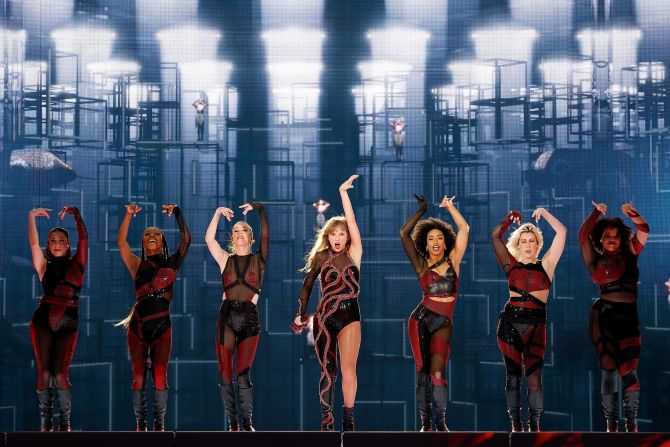 Backup dancers join Swift during the "Reputation" set in Cincinnati in June 2023.