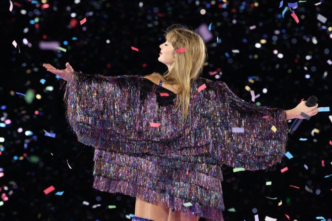 Confetti falls as Swift closes a Nashville show with "Karma" in May 2023.