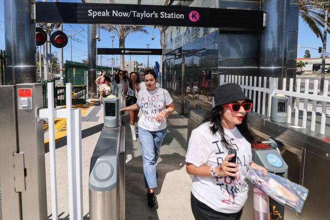 "Swifties" arrive at a metro station temporarily renamed "Speak Now/Taylor's Station" in Inglewood, California, in August 2023.