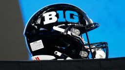 INDIANAPOLIS, IN - JULY 27: A B1G helmet sits on stage during the Big Ten Conference Media Days on July 27, 2023 at Lucas Oil Stadium in Indianapolis, IN. (Photo by Jeffrey Brown/Icon Sportswire) (Icon Sportswire via AP Images)