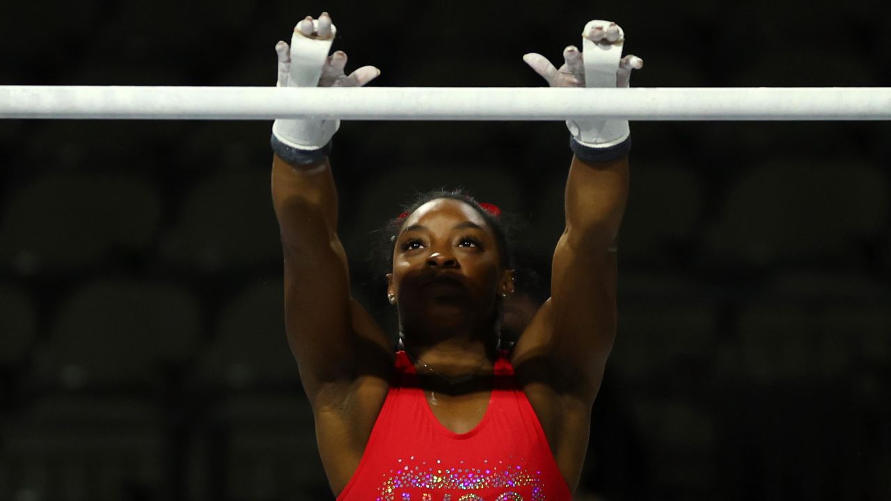 Simone Biles, photographed practicing this week, is set to compete for the first time since the Tokyo Olympics in July 2021.