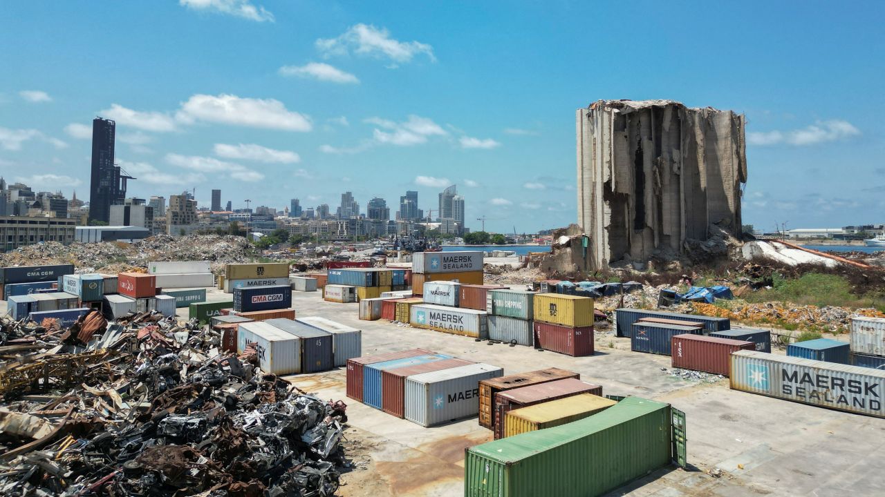 Grain silos damaged in the 2020 Beirut port blast.