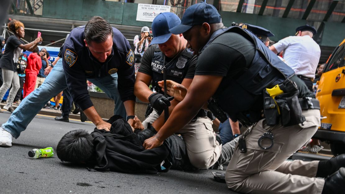 Members of the NYPD arrest people in Union Square and the surrounding area on August 4, 2023 in New York City. 