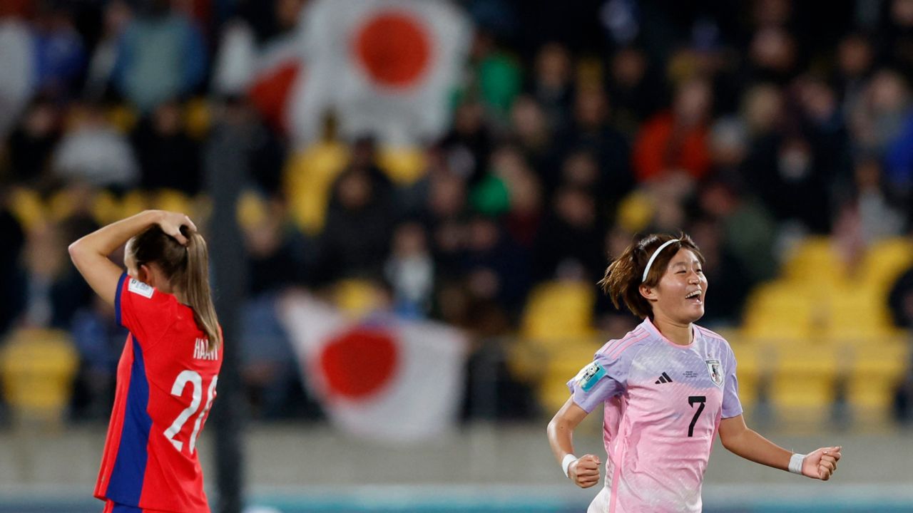 Hinata Miyazawa celebrates Japan's first goal against Norway.