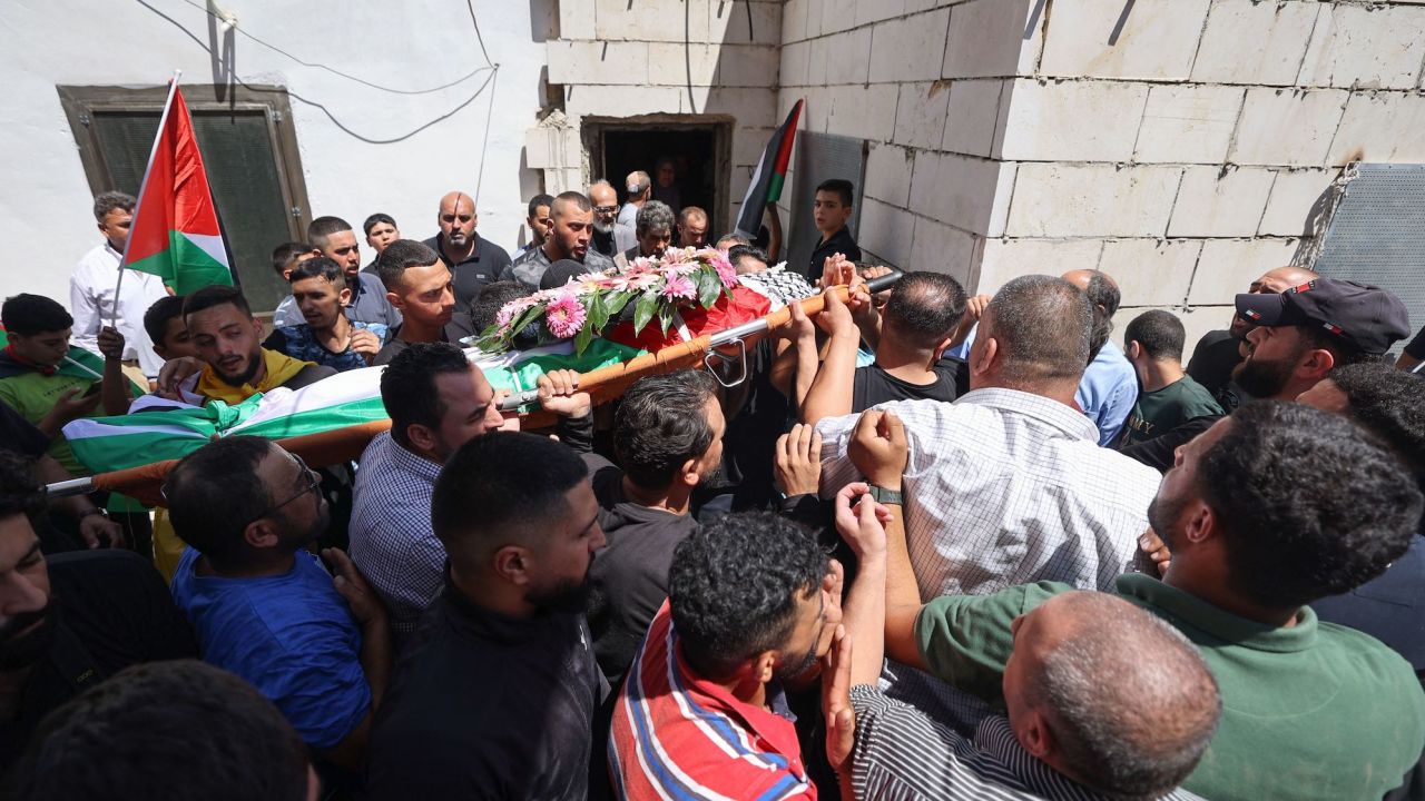 Mourners carry the body of 19-year-old Palestinian Qusai Jamal Maatan, during his funeral in the village of Burqa in the north of the occupied West Bank on August 5, 2023.